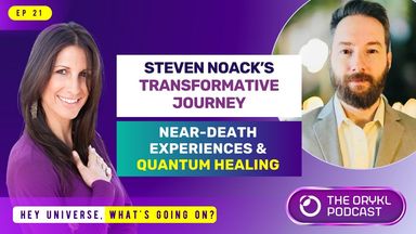 The image appears to be a promotional graphic for a podcast episode. It features two individuals: a woman on the left, smiling and wearing a purple top, and a man on the right with a beard, dressed in a light-colored shirt. 

The text includes the title of the episode, "Steven Noack’s Transformative Journey," and mentions topics such as "Near-Death Experiences & Quantum Healing." The design includes various colors, including purple, blue, and yellow, and a logo or designation for the podcast titled "The Orykl Podcast," along with the episode number (EP 21) and a catchphrase, "Hey Universe, what's going on?"