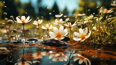 The image depicts a serene natural scene featuring a cluster of white flowers with yellow centers growing near the edge of a body of water. The flowers are reflected in the calm water, and there are small pebbles and rocks visible in the foreground. The background shows lush greenery and trees, with soft, warm lighting suggesting a sunny day. Some small insects or pollen can be seen in the air, adding to the tranquil atmosphere.