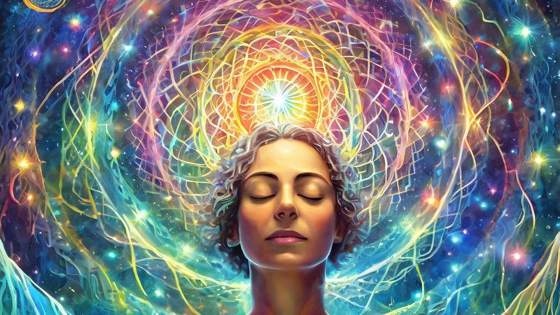 The image features a woman with closed eyes, conveying a sense of calm and introspection. She has curly hair and appears to be meditating. Surrounding her is a vibrant cosmic background filled with swirling colors and light patterns, suggesting a mystical or spiritual atmosphere. Radiating from her head is a series of intricate geometric designs and bright orbs, including a central luminous star. The overall composition conveys themes of energy, enlightenment, and connection to the universe.