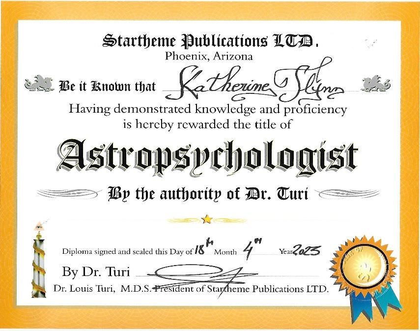 The image depicts a diploma certificate from Startheme Publications LTD, located in Phoenix, Arizona. The certificate states that an individual has been awarded the title of "Astropsychologist" for demonstrating knowledge and proficiency. It is signed by Dr. Louis Turi, who is identified as the president of the organization. The document features decorative elements including a banner, a seal, and a star, and it includes details like the date of issuance (18th of a month in the year 2023).