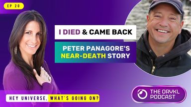 The image features two individuals: one is a woman with long dark hair and a joyful expression, and the other is a man wearing a cap and smiling. The background includes purple gradients, and there are text elements stating "I DIED & CAME BACK," "PETER PANAGORE'S NEAR-DEATH STORY," and "THE ORYKL PODCAST." It also includes "EP 20" and the phrase "HEY UNIVERSE, WHAT'S GOING ON?" suggesting a theme related to experiences of near-death and personal stories.