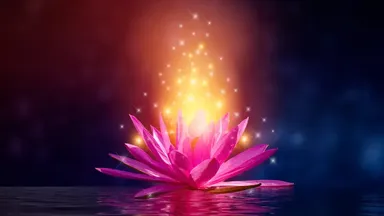 The image depicts a pink lotus flower floating on water. Above the flower, there is a glowing light emanating in a radiant swirl, surrounded by sparkling particles. The background features a gradient of dark colors, enhancing the ethereal and serene quality of the scene. The overall composition conveys a sense of tranquility and beauty.