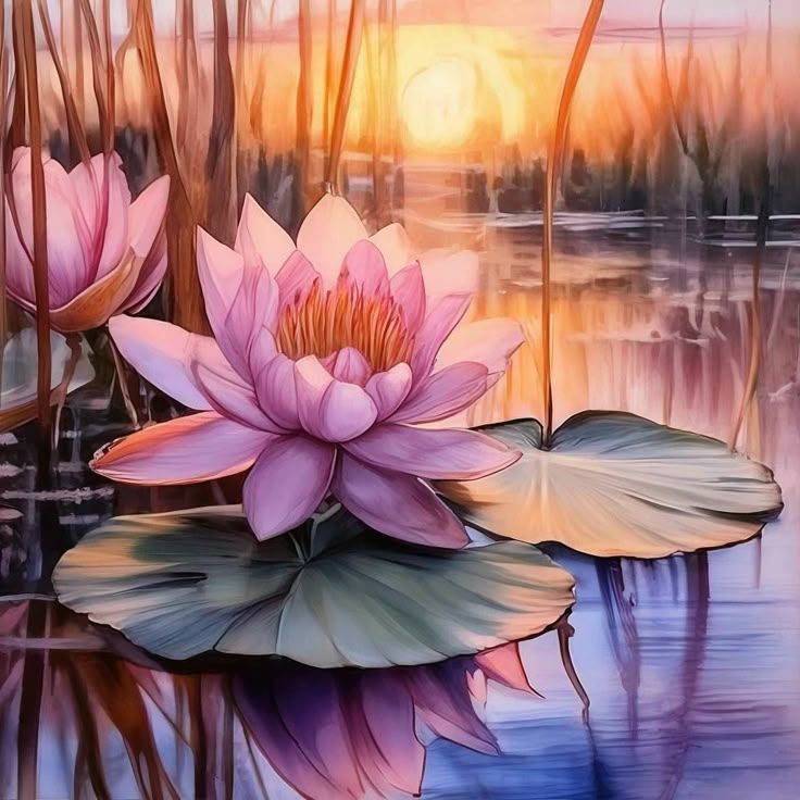 The image features a serene water scene with pink lotus flowers blooming on large green lily pads. The background shows a soft sunset, with warm hues of orange and purple reflecting in the calm water. Reeds and grasses can be seen in the foreground, enhancing the tranquil atmosphere of the setting.