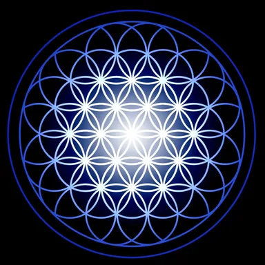 The image features a geometric pattern known as the "Flower of Life." It consists of a series of overlapping circles arranged to form a flower-like design, with a bright central light source. The circles are outlined in blue against a black background, creating a visual effect of radiating light. The overall design conveys a sense of harmony and balance.