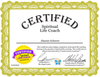 The image is a certificate that indicates someone has been certified as a "Spiritual Life Coach." It features an ornate border and includes the name of the individual, Dianne Schaver. Additionally, it states that this certificate acknowledges the completion of advanced life coaching training in the specialty of spiritual life coaching. The certificate is signed by two individuals and includes a logo indicating the certification. The date on the certificate is 01/05/2025.