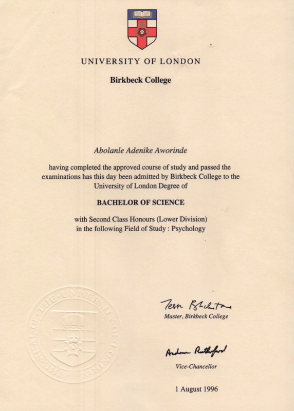 The image shows a certificate from Birkbeck College, part of the University of London. It states that an individual has completed their course of study and passed examinations to earn a Bachelor of Science degree with Second Class Honours (Lower Division) in the field of Psychology. The document includes the university's crest, signatures from the Master of Birkbeck College and the Vice-Chancellor, along with the date of issue, which is August 1, 1996.