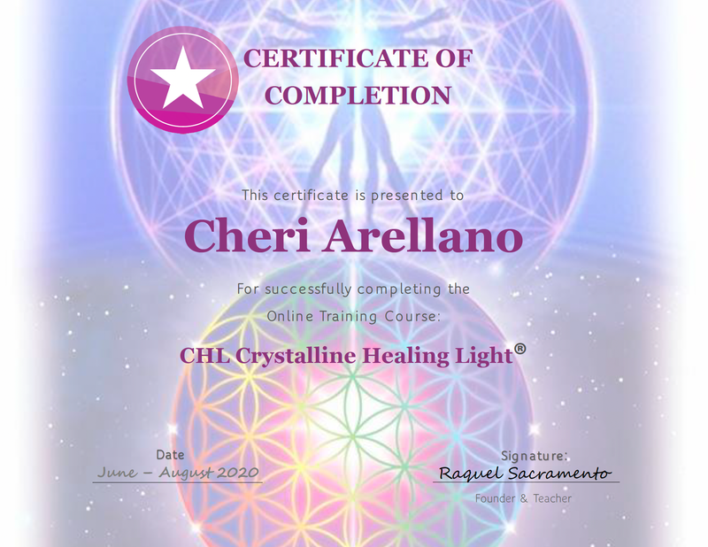 The image shows a certificate of completion. It features a decorative background with geometric patterns and light effects. The title "CERTIFICATE OF COMPLETION" is prominently displayed at the top, along with a star graphic. Below, there is a statement indicating that the certificate is presented to an individual, acknowledging their successful completion of the "CHL Crystalline Healing Light®" online training course. The dates of completion are listed as June to August 2020, and it includes a signature line for the founder and teacher.