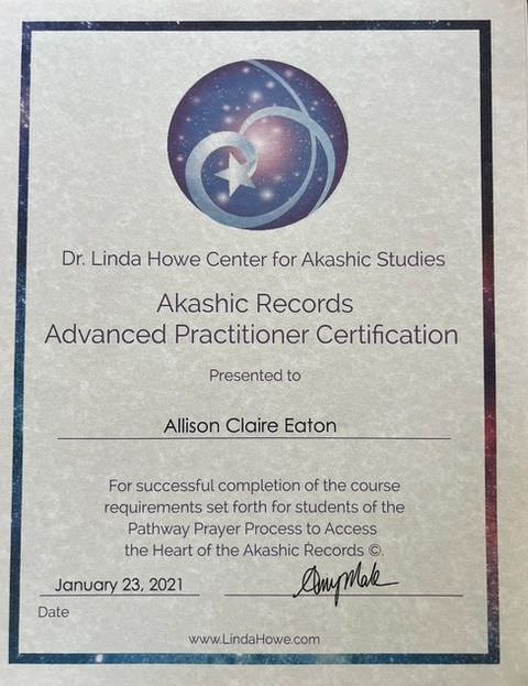 The image depicts a certificate from the Dr. Linda Howe Center for Akashic Studies. The certificate is titled "Akashic Records Advanced Practitioner Certification" and includes the name of the recipient. It states that the certification was awarded for the successful completion of a course related to accessing the Akashic Records. The certificate is dated January 23, 2021, and includes a signature at the bottom. There is also a logo or design in the top section of the certificate that features celestial elements.