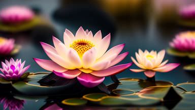 The image features several beautiful water lilies floating on a calm body of water. The largest lily has a prominent white and pink flower with numerous petals arranged in a circular pattern. Surrounding it are smaller lilies, including a purple one and others in shades of pink and white. The water surface is smooth and reflects the colors of the flowers, creating a serene and picturesque scene. The background appears softly blurred, enhancing the focus on the lilies.