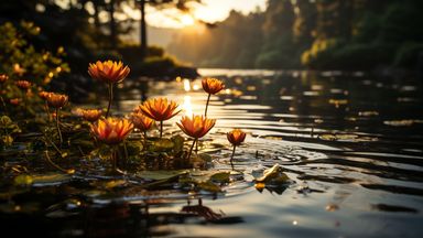 The image features a serene water scene at sunset. In the foreground, there are vibrant water lilies with orange petals emerging from the water, surrounded by green leaves. The water reflects the warm hues of the sunset, creating a tranquil ambiance. In the background, trees and a softly illuminated landscape can be seen, enhancing the natural beauty of the setting. The overall atmosphere suggests calmness and peace.