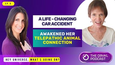 The image features a podcast promotional graphic. It includes the title "A LIFE-CHANGING CAR ACCIDENT" and the phrase "AWAKENED HER TELEPATHIC ANIMAL CONNECTION" presented in bold, contrasting text. There are two individuals depicted: one person on the left with long, dark hair and a welcoming expression, and another on the right with shorter hair and a smile. The background is primarily purple, with various elements highlighting the podcast's branding, including the logo for "THE ORYKL PODCAST" and the text “HEY UNIVERSE, WHAT'S GOING ON?” at the bottom.