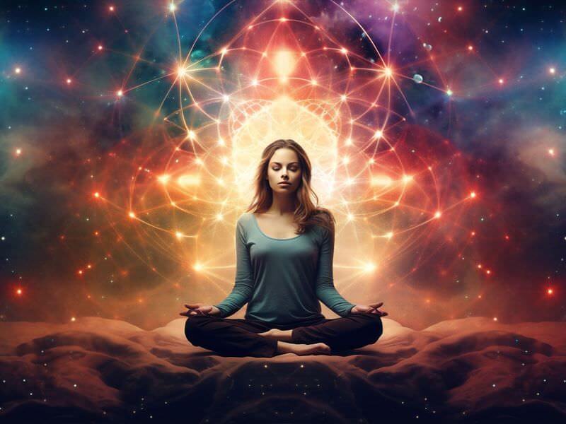 The image depicts a person sitting in a meditative pose, surrounded by a vibrant and colorful cosmic background filled with stars and swirling patterns. There are radiant, geometric shapes emanating from behind the person, creating a sense of energy and serenity. The atmosphere conveys a feeling of tranquility and spiritual introspection.