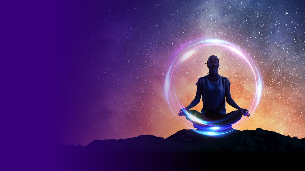 The image depicts a serene scene of a person meditating in a cross-legged position, hovering above a mountain landscape. Surrounding the individual is a glowing circular aura, with a backdrop of a starry night sky showcasing a gradient of colors from purple to orange. The figure is illuminated by the light of the aura, creating a mystical and peaceful atmosphere.