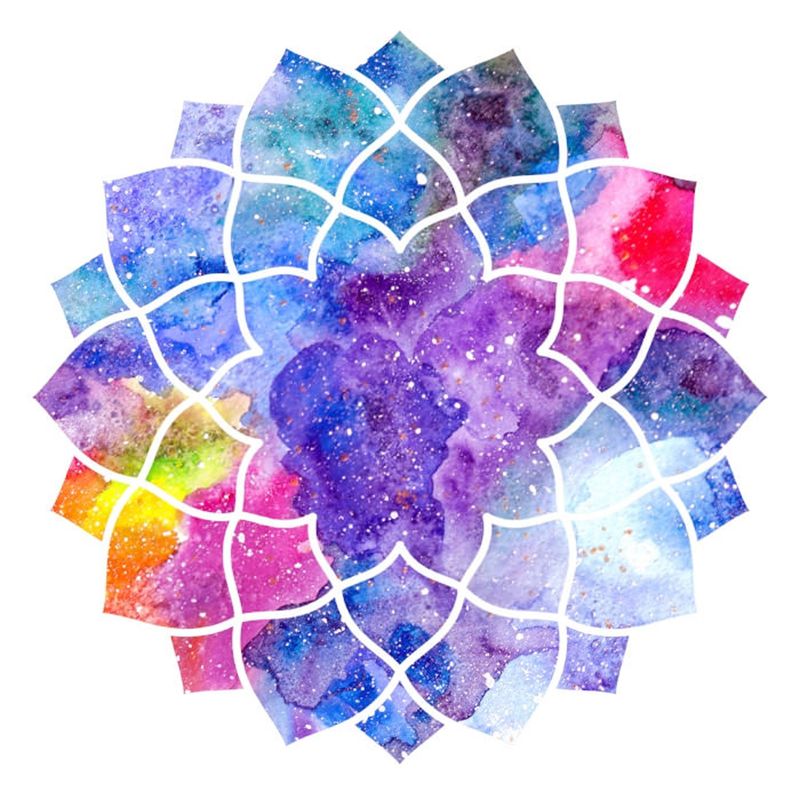 The image features a colorful, symmetrical mandala design composed of various sections that resemble petals. The colors include shades of purple, blue, pink, and touches of yellow and green, creating a vibrant and artistic effect. The design has a watercolor texture, giving it a fluid and organic appearance, with a white outline separating the different colored sections. The overall shape resembles a flower or a starburst pattern.