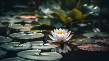 The image features a serene water scene with a blooming white water lily at the center. The flower has vibrant yellow stamens and soft pink accents. Surrounding the lily are various green lily pads floating on dark water, with a few patches of light reflecting off the surface. The background appears to be slightly blurred with more foliage, contributing to a tranquil and natural ambiance.