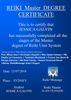 The image is a certificate titled "REIKI Master DEGREE CERTIFICATE." It certifies that an individual has successfully completed all stages of the Master degree of the Reiki Usui System.
Key elements include:
- A heading indicating the type of certificate.
- A statement of certification.
- A lineage tree for Reiki Master succession, listing various names associated with the lineage.
- The date of issuance: 13/07/2018.
- The location: Sydney.
- The names of the student and the Reiki Master, along with a small graphic or logo related to Reiki massage at the bottom.
The overall design features a blue background with white and gold text.