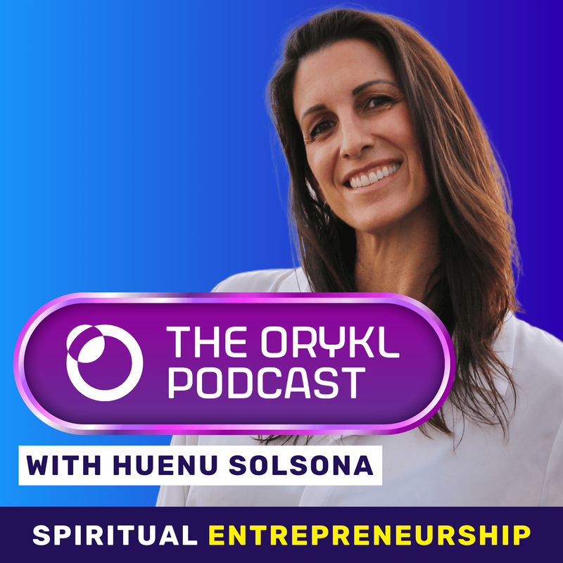 The image features a promotional graphic for a podcast. It includes the title "THE ORYKL PODCAST" prominently displayed, along with the phrase "with HUENU SOLSONA." The background has a gradient from blue to purple. In the lower part of the image, the words "SPIRITUAL ENTREPRENEURSHIP" are highlighted. There's also a smiling individual with long hair, dressed in a white shirt, positioned to the right of the graphic.