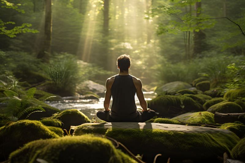 The image depicts a serene forest scene where a person is sitting cross-legged on a stone in a forest. The setting features greenery and moss-covered rocks, with sunlight filtering through the trees, creating a peaceful atmosphere. A gentle stream flows nearby, enhancing the tranquil environment. The person appears to be meditating or enjoying a moment of reflection, immersed in nature.