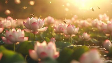 The image features a serene scene of a pond filled with blooming lotus flowers. The lotus flowers display soft pink and white hues, surrounded by green lily pads. In the background, there is a warm, golden light suggesting either sunrise or sunset, creating a tranquil atmosphere. Several bees are seen flying around the flowers, adding a sense of liveliness to the peaceful setting. The overall composition evokes feelings of calmness and natural beauty.