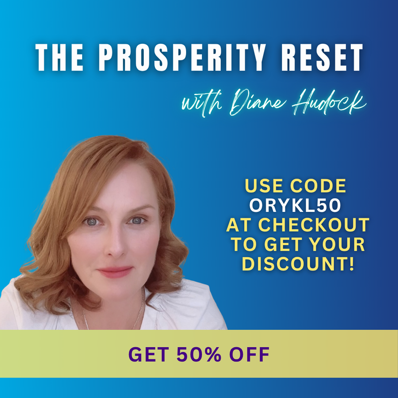 The image features a promotional graphic for "The Prosperity Reset" with a person appearing in the foreground. The background is a gradient of blue, and there is text that provides details about a discount offer, including a promotional code to use at checkout for a 50% discount. The overall theme suggests a focus on personal growth or financial well-being.