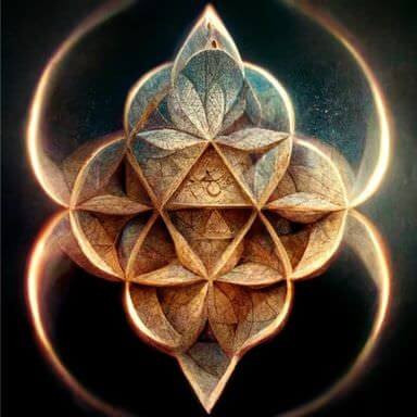 The image features a geometric design that resembles a mandala or sacred geometry. It consists of layered shapes, including petals and triangles, arranged in a symmetrical pattern. The colors are earthy tones, with a blend of brown and blue, giving it a textured appearance. The background has a dark, softly blurred effect, which enhances the prominence of the central design. The overall aesthetic conveys a sense of spirituality and harmony.