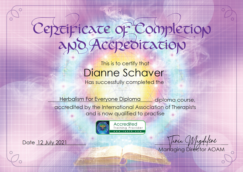 The image depicts a certificate of completion and accreditation. It features a decorative design with a soft background and a glowing aura. The certificate includes the text stating that an individual has successfully completed the "Herbalism For Everyone Diploma" course, which is accredited by the International Association of Therapists. It also mentions the date of completion, July 12, 2021, and is signed by the managing director. There is an illustration of an open book at the bottom of the certificate.