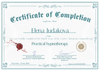 The image is a certificate of completion for a course in "Integrative Hypnotherapy." It features ornate borders and a decorative design. The certificate states that a person has successfully completed the fourth stage of the course and is titled "Practical Hypnotherapy." It includes signatures, a seal, and a date indicating the duration of the course from April 9 to April 27, 2025, along with a certificate ID.