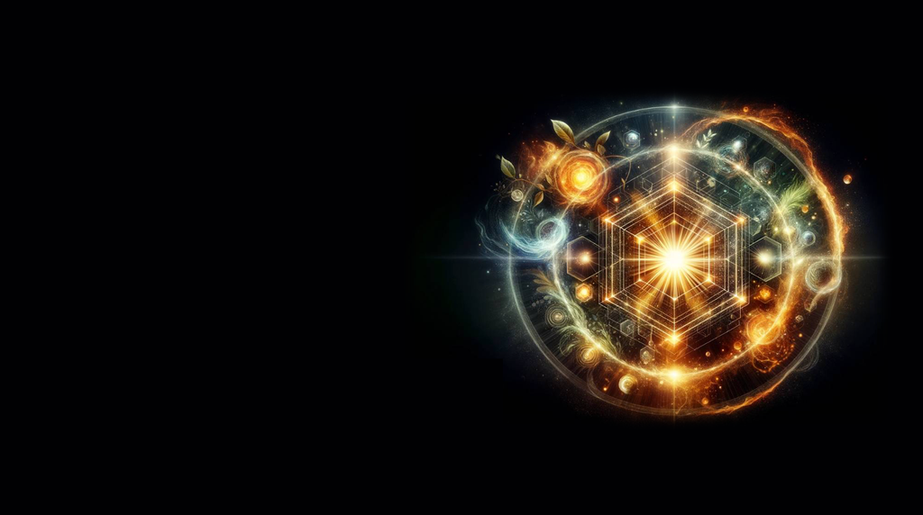 The image features a luminous, abstract design depicting a celestial theme. At its center is a bright, radiant light source surrounded by intricate geometric patterns. Various cosmic elements, such as planets, stars, and swirling energy, are artistically arranged around the center, incorporating colors like gold, blue, and green. The background is dark, emphasizing the vibrant details of the design and giving it a mystical, otherworldly appearance.