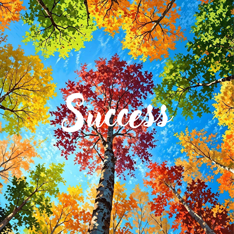 The image features a view looking up at a vibrant canopy of trees. The leaves exhibit a range of autumn colors, including reds, oranges, yellows, and greens, creating a striking contrast against a bright blue sky. In the center of the image, there is a word written in white, which reads "Success." The overall composition conveys a sense of beauty and vitality associated with nature.