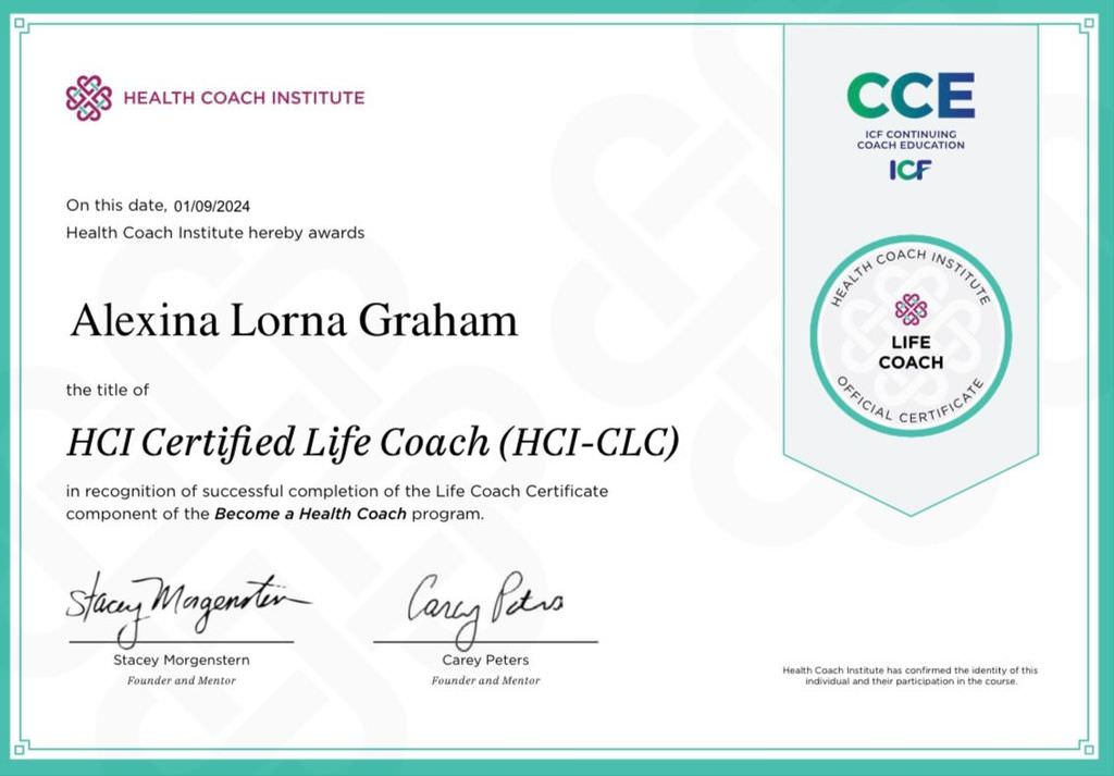 The image depicts a certificate awarded by the Health Coach Institute. It states that an individual named Alexina Lorna Graham has received the title of "HCI Certified Life Coach (HCI-CLC)" in recognition of successfully completing a Life Coach Certificate program. The certificate includes the date of issuance (01/09/2024) and is signed by two individuals, Stacey Morgenstern and Carey Peters. The design features elements such as logos and a border, typical of formal certificates.