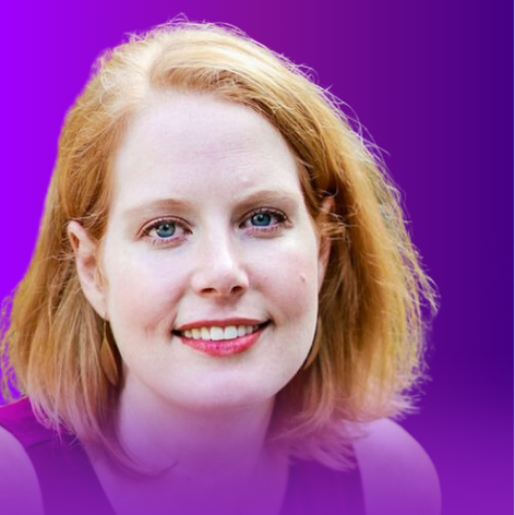 The image features a woman with medium-length, wavy red hair. She has a friendly smile and is wearing a sleeveless top. The background is a gradient transitioning from purple to a lighter shade, adding a vibrant effect to the overall image.