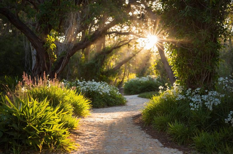 The image shows a serene pathway winding through a lush, green landscape. On either side of the path, there are vibrant plants and flowers, including white blossoms and tall green foliage. The scene is illuminated by soft sunlight filtering through the trees, creating a warm, inviting atmosphere. The background features tall trees that frame the pathway, enhancing the sense of tranquility and natural beauty.