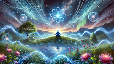 The image depicts a serene landscape featuring a meditative figure sitting cross-legged on a grassy hill. Surrounding the figure are vibrant elements of nature, including a tree, flowers, and a reflection in a body of water. The backdrop showcases a stunning sky filled with galaxies, stars, and ethereal light rays. Additionally, there are abstract representations of atomic structures and waves, suggesting themes of energy and connectivity. Overall, the image conveys a sense of tranquility and cosmic awareness.