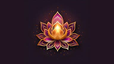 The image depicts a stylized lotus flower design. It features multiple layers of petals in vibrant shades of purple, gold, and pink. In the center of the lotus, there is a glowing flame, creating a warm illumination. The background is dark, which enhances the brightness of the lotus and gives the overall design an ethereal appearance. The petals are intricately shaped, adding to the aesthetic appeal of the illustration.