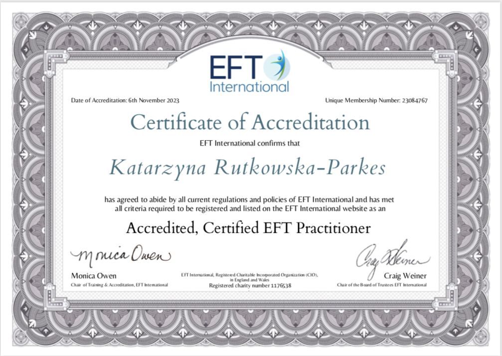 The image shows a certificate of accreditation issued by EFT International. The document is designed with ornate borders and includes the following elements:

- The title "Certificate of Accreditation"
- The logo of EFT International
- A statement confirming the accreditation of a person named Katarzyna Rutkowska-Parkes as an "Accredited, Certified EFT Practitioner"
- The date of accreditation: 6th November 2023
- A unique membership number
- Signatures from officials, including Monica Owen and Craig Weiner, along with their titles and roles within the organization.

The certificate indicates that the individual has met specific criteria and regulations required for certification.