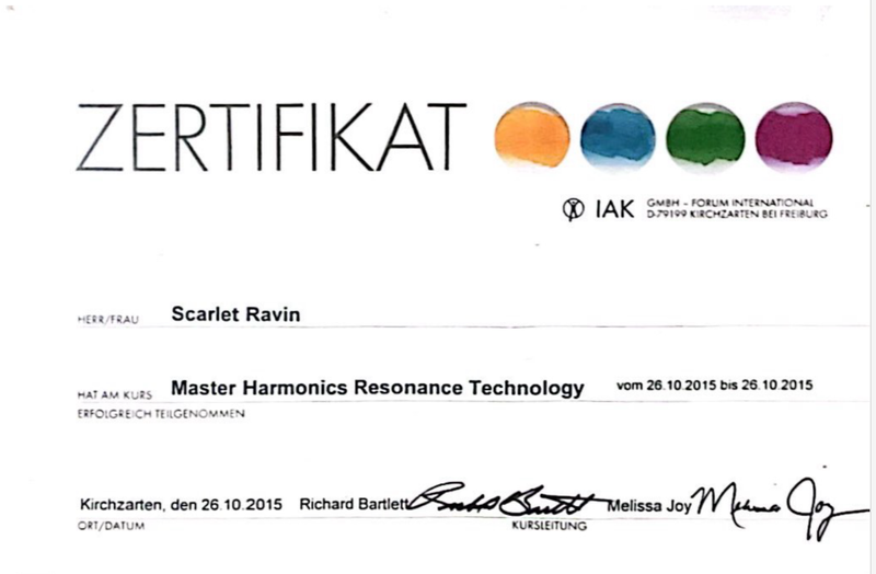 The image displays a certificate (Zertifikat) indicating that an individual named Scarlet Ravin completed a course titled "Master Harmonics Resonance Technology" from October 26, 2015, to October 26, 2015. The certificate includes signatures from Richard Bartlett and Melissa Joy, along with logos and colorful dots at the top. It also states the location as Kirchzarten, dated October 26, 2015.