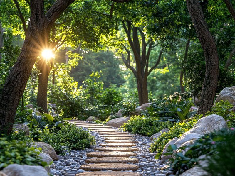 The image depicts a serene garden pathway winding through a lush, green landscape. The path consists of circular stepping stones arranged on a bed of smooth, small pebbles. Surrounding the pathway are dense shrubs and rocks, alongside tall trees offering dappled sunlight. In the background, a gentle beam of sunlight filters through the trees, enhancing the tranquil and inviting atmosphere of the scene.