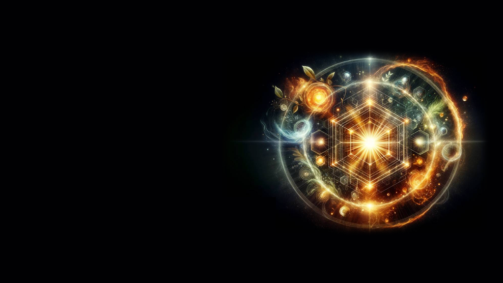 The image features a vibrant, cosmic design centered around a bright, radiant star. Surrounding the star are intricate patterns, including a hexagonal shape and various celestial elements such as planets, swirls, and organic motifs like leaves. The color palette consists of luminous yellows, oranges, and blues set against a dark background, creating a mystical and expansive feel. The overall composition suggests themes of the universe and interconnectedness.