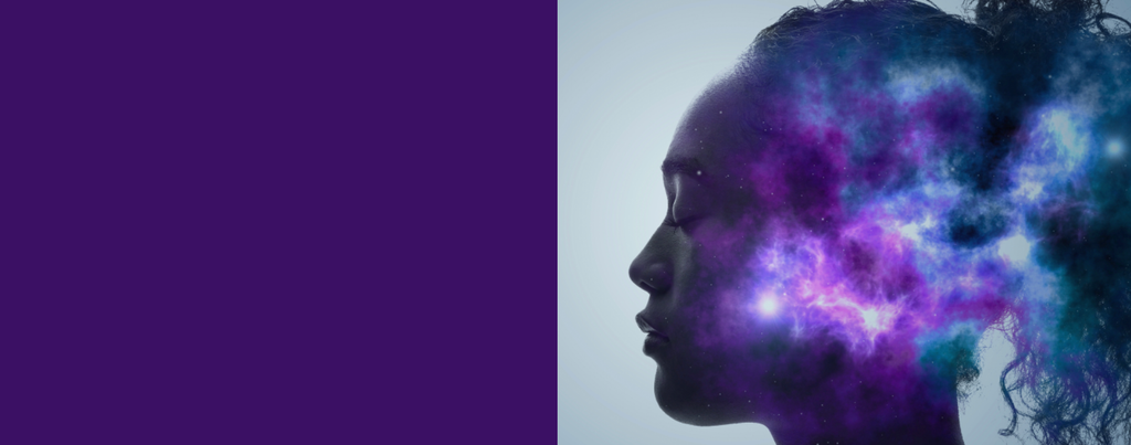 The image features a profile of a person's head, with a cosmic or galaxy-themed design emanating from the top, depicting stars, nebulae, and colorful patterns. The left side of the image is a solid purple color, while the right side displays the silhouette filled with the cosmic imagery. The overall effect conveys a sense of imagination or a connection to the universe.