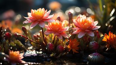 The image features a serene scene of blooming water lilies. The flowers display shades of pink and orange, with their petals slightly open to reveal their inner structures. They are surrounded by green foliage and smaller buds, resting on a body of water that reflects soft light. The overall ambiance is tranquil and illuminated, suggesting a peaceful natural setting.