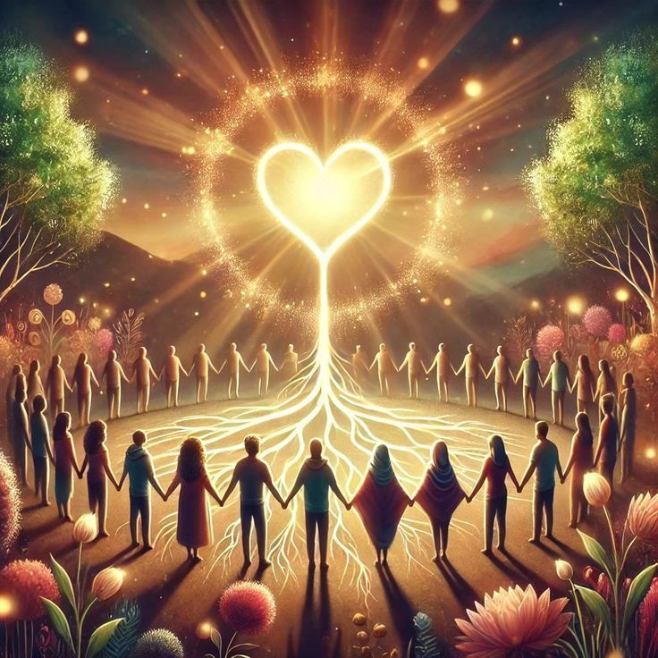 The image depicts a gathering of people holding hands in a circular formation. At the center, there is a large, radiant heart symbol, from which light and a root-like structure extend downward. The background features a sunset or dawn sky with beams of light shining through, along with lush greenery and colorful flowers surrounding the scene. The overall atmosphere is warm and inviting, conveying a sense of community, connection, and love.