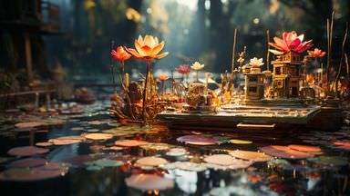 The image depicts a serene water scene featuring a small cluster of intricately designed buildings situated on a platform amidst a pond filled with colorful lotus flowers. The water is sprinkled with large lily pads, and the setting is illuminated by soft, diffused lighting from an implied sun filtering through trees in the background. The overall atmosphere conveys a sense of tranquility and harmony with nature.