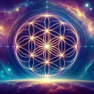 The image depicts a cosmic scene featuring a vibrant nebula with swirling colors of purple, blue, and hints of gold. At the center, there is a geometric pattern known as the Flower of Life, consisting of multiple overlapping circles arranged in a symmetrical design. The background blends seamlessly into the cosmic elements, creating a mystical and ethereal atmosphere.