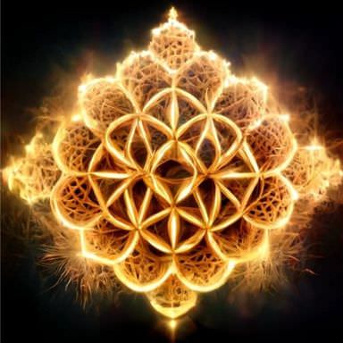 The image displays a symmetrical geometric design resembling a flower or mandala. It's composed of intricate patterns that appear to radiate light, giving it a luminous, glowing effect. The overall color scheme is warm, with golden hues, set against a dark background, enhancing the vibrant and ethereal appearance of the design. The structure features overlapping circular shapes and repetitive motifs, creating a sense of depth and complexity.