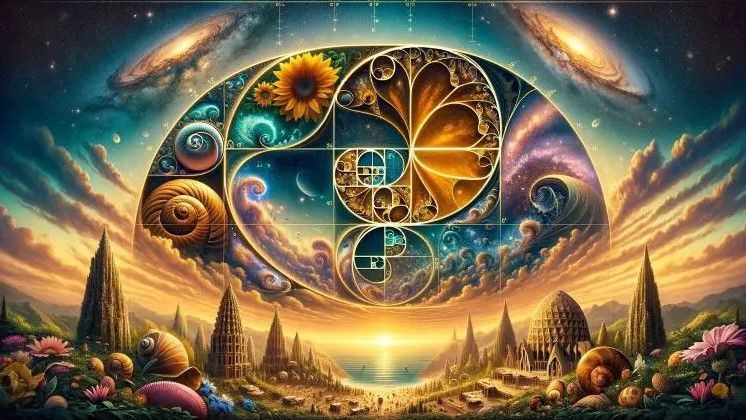 The image features a fantastical landscape that incorporates elements of mathematics, nature, and cosmic phenomena. It prominently displays the Fibonacci spiral, filled with vibrant colors and intricate patterns. 

In the foreground, there are towering structures resembling peaks or mountains, adorned with flowers and shells, creating a harmonious blend of organic and geometric shapes. The background showcases a colorful sunset with swirling clouds and a series of galaxies and stars, adding to the cosmic feel of the scene. Overall, the image conveys a sense of beauty, complexity, and the interconnectedness of nature and the universe.