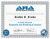 The image is a certificate issued by the American Hypnosis Association (AHA). It recognizes an individual named Heather R. Franks for successfully completing ten hours of continuing education in hypnosis and smoking cessation. The certificate includes the signatures of George J. Kappes, MA, and John Melton, and it states that it is valid until August 26, 2025. The certificate has a decorative border and features the AHA logo prominently at the top.