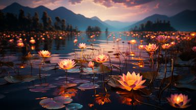 The image depicts a serene landscape featuring a body of water covered with blooming water lilies. The flowers are illuminated with a soft, warm light, creating a peaceful atmosphere. In the background, there are mountains and a twilight sky, which adds to the tranquil scene. The overall composition suggests a calm and picturesque environment, likely at dusk or dawn, with reflections of the landscape visible on the water's surface.