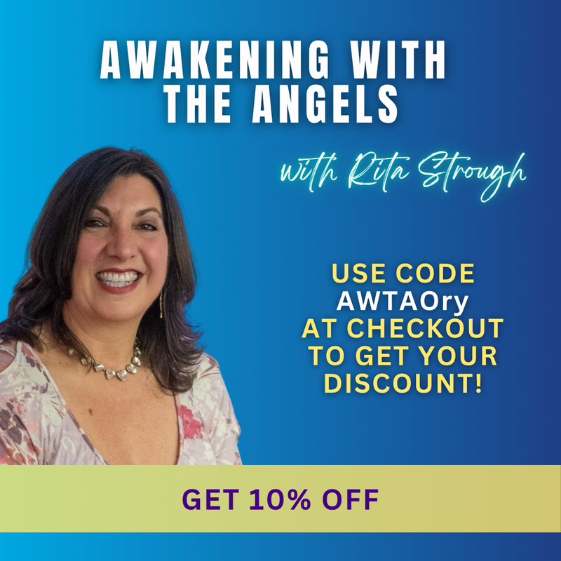 The image features a woman with long, dark hair and a friendly smile. She is wearing a floral dress and appears to be a presenter. The background is a gradient of blue and purple. The text on the image promotes a program titled "Awakening with the Angels" along with the name "Rita Strough." It also includes a discount code for a promotional offer.